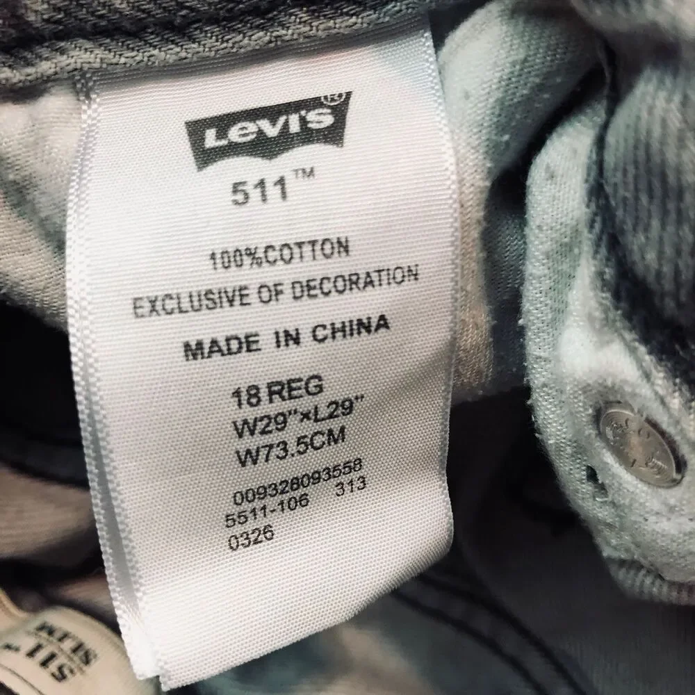Levis 511 Slim Fit Boys Gray Wash Denim Jeans 100% Cotton 18 Reg 29 x 29 U8